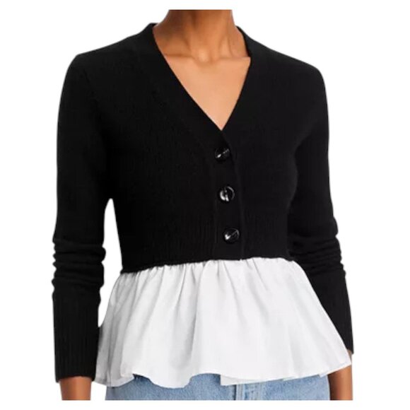 NWT AQUA Cashmere V-Neck Twofer Black White M Bloomingdale’s Best Seller - Picture 9 of 12